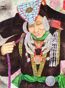 Watercolor of Tibetan woman.