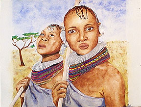 Watercolor of two African women.