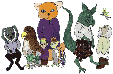 cat, dragon, dog, rabbit, fairies, birds, elfs, mice, and a dwarf